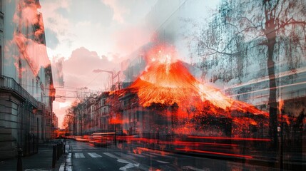 Fototapeta premium A dramatic urban scene blending street view with fiery volcano elements, showcasing vibrant colors and surreal beauty.