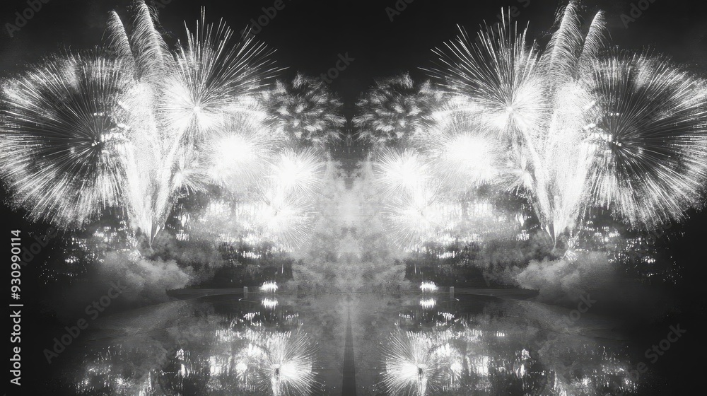 Poster A stunning display of fireworks reflecting in water, creating a mesmerizing black and white visual effect that captures festive excitement.