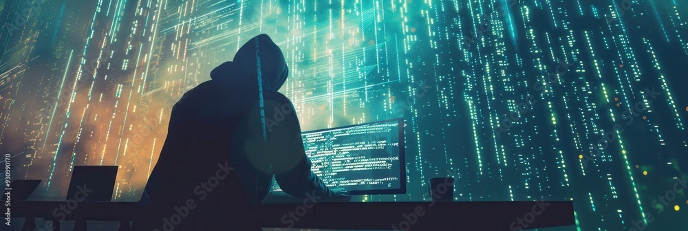 Aufkleber A figure in a hoodie works intently at a computer, surrounded by cascading code on a large screen, deep in concentration during night hours. Generative AI