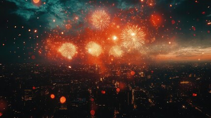 Stunning city skyline illuminated by vibrant fireworks during sunset, creating a magical atmosphere of celebration and joy.