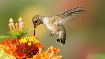 Fototapeta premium Hummingbirds hover with rapid wing beats, sipping nectar from colorful flowers with long beaks.
