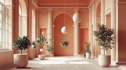 Modern Minimalist Interior Design with Plants and Geometric Shapes