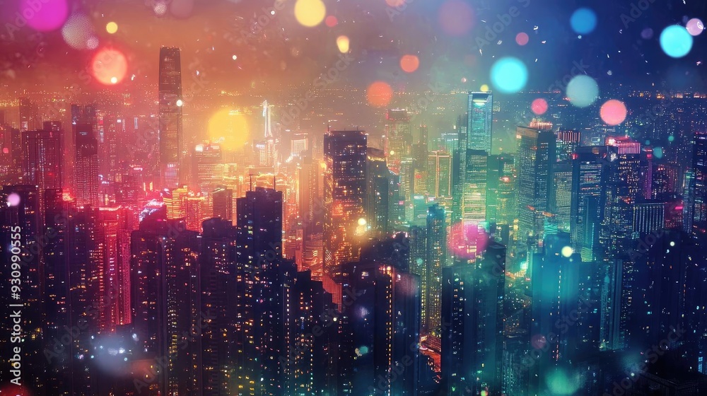 Poster a vibrant city skyline illuminated by colorful lights, creating a stunning nocturnal atmosphere with