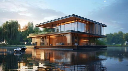 Obraz premium Illustrate a conceptual design for a floating house, focusing on its buoyant structure, large windows, and modern amenities.