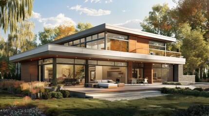 Illustrate a contemporary home exterior with a flat roof, metal accents, and a rooftop terrace, capturing cutting-edge architectural trends.