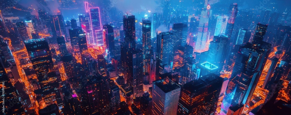 Poster a vibrant city skyline illuminated by neon lights, showcasing a blend of modern architecture and bus