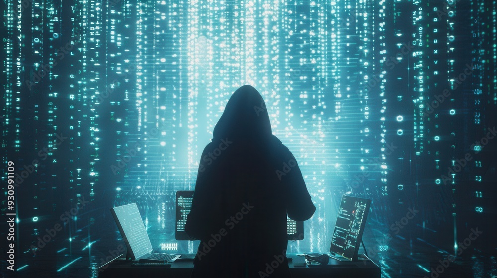 Aufkleber A silhouette of a hacker in a hoodie is intensely focused on multiple screens displaying cascading matrix-like code. Generative AI