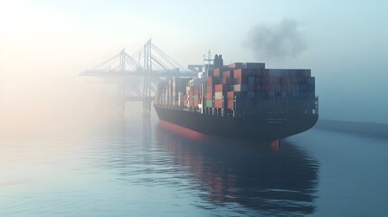 Fototapeta premium Aerial view of a cargo ship approaching a bustling port with towering cranes and neatly stacked shipping containers showcasing an efficient logistics scene for international trade and commerce