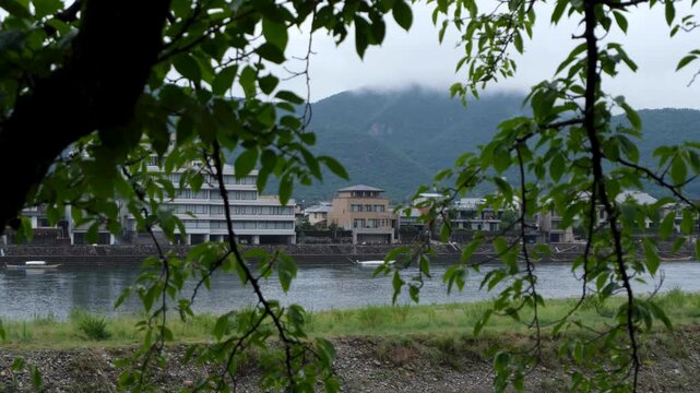 A serene riverbank along the Nagara River in Gifu, Japan. Lush green trees frame the flowing water and the urban landscape, a peaceful and tranquil atmosphere.長良川,岐阜