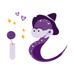 Magic sleeping snake and rose bud in test tube with decorative stars and hearts in trendy violet