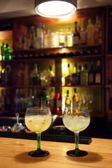 Two cocktails sit on a bar counter