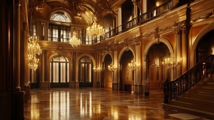 Fototapeta premium Grand, ornate interior of a luxurious mansion with a sweeping staircase, chandeliers, and gleaming floors.