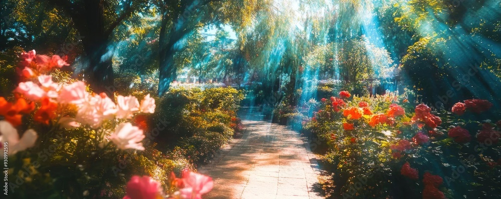 Poster a serene pathway through a vibrant flower garden, illuminated by soft sunlight, creating a peaceful 