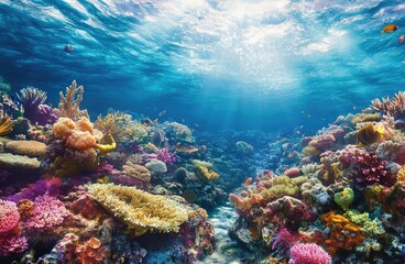 Naklejka premium Vibrant underwater coral reef teeming with life, showcasing colorful corals and clear blue water illuminated by sunlight.