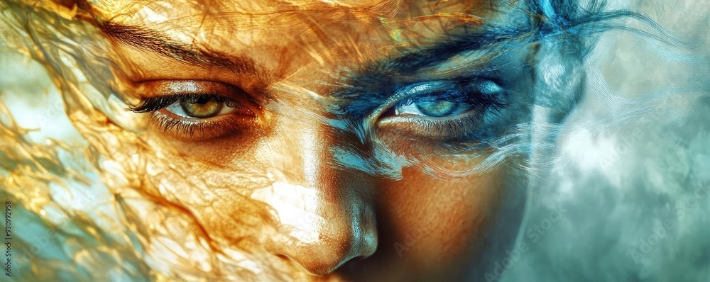Poster a striking close-up of a woman's face, blending elements of fire and water, showcasing unique colors