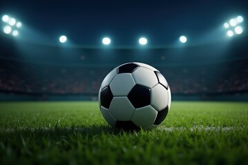 A soccer ball is placed in the middle of a soccer field with lights. Generative AI