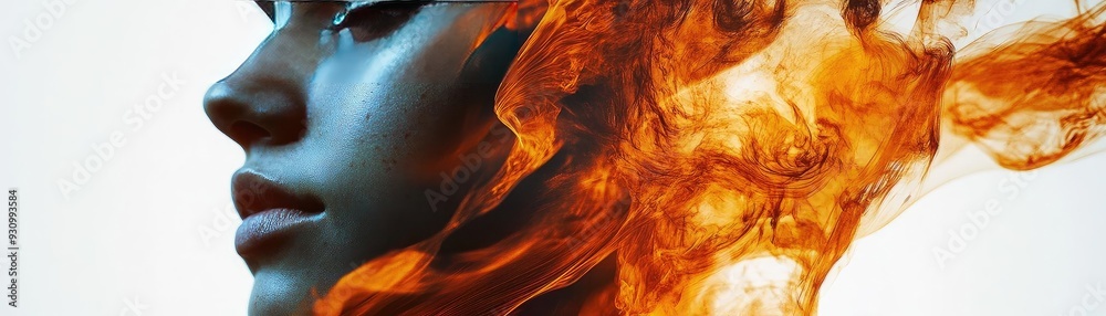 Poster a captivating image of a serene face with fiery elements, symbolizing passion, transformation, and c