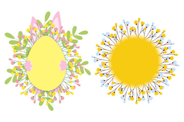 Easter Egg shape and circle spring frames with blossom and bunny ears in twigs Isolated Set of 2