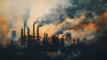 Obraz premium A painting of a city with a large sun in the background. The sky is dark and smoggy, and the sun is setting. The painting conveys a sense of pollution and decay, with the industrial buildings