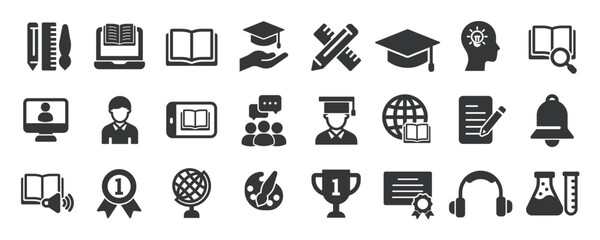 Education glyph solid icons collection. Containing content school, e-learning, course, student. Minimal icon and symbol series vector illustration