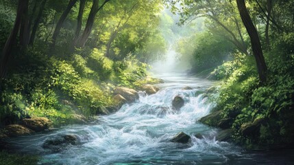Obraz premium A serene river flows through a lush forest, surrounded by vibrant greenery and soft sunlight filtering through the trees.