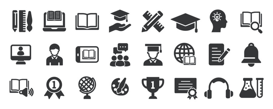 Education glyph solid icons collection. Containing content school, e-learning, course, student. Minimal icon and symbol series vector illustration