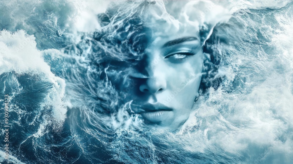 Aufkleber a serene face emerges from turbulent ocean waves, symbolizing the connection between humanity and na