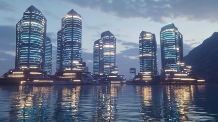 Obraz premium Futuristic Cityscape with Skyscrapers Reflecting in Water