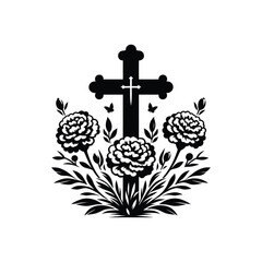 Marigold Flowers and Ornate Cross Silhouette - Religious Vector Illustration for Memorial Graphics