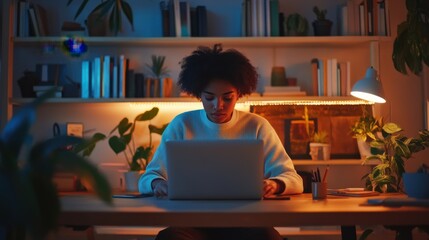A serene and focused scene where a young adult is working on a laptop in a cozy home office, surrounded by books, plants, and personal decor, the soft lighting creating a warm and inviting