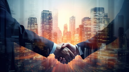 Businessmen shaking hands on a double exposure with a cityscape, a concept of success and business well-being