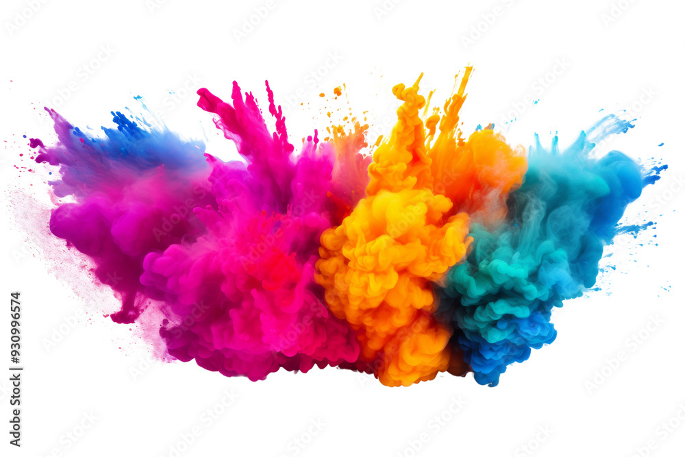Poster dynamic explosion of colorful holi powder isolated on white background
