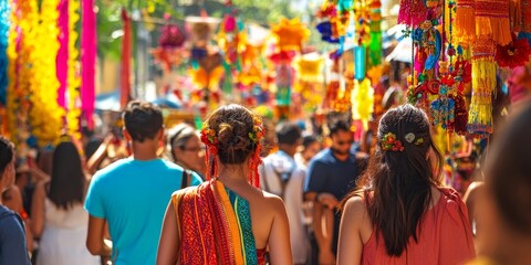 a local festival, colorful decorations and joyful participants immersing in a rich cultural experience