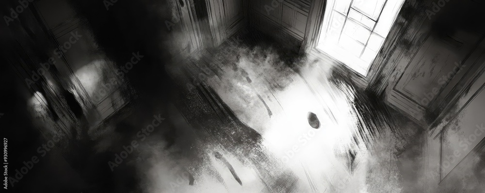 Poster a haunting view of a dimly lit room with shadows and ethereal smoke creating an unsettling atmospher