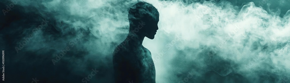 Poster Silhouette of a figure surrounded by mist, evoking mystery and introspection in a moody atmosphere.