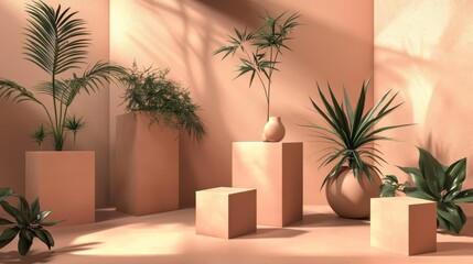 Fototapeta premium Minimalist Peach Room Mockup with Green Plants and Sunlight