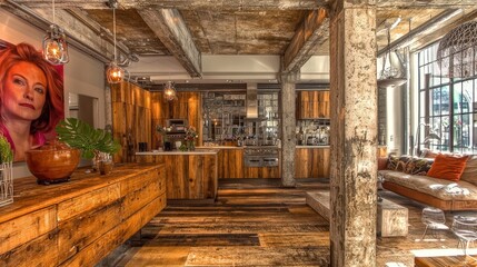 Fototapeta premium Modern Loft Apartment Interior Design with Exposed Beams Wooden Flooring and Industrial Elements