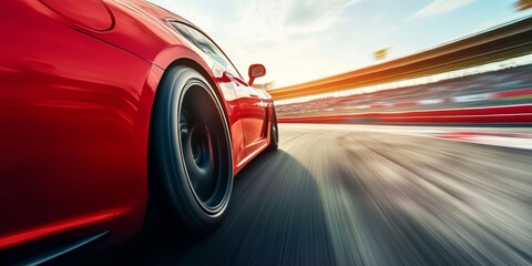 a sports car zooming down a racetrack, with intense speed effects and motion blur capturing the thrill