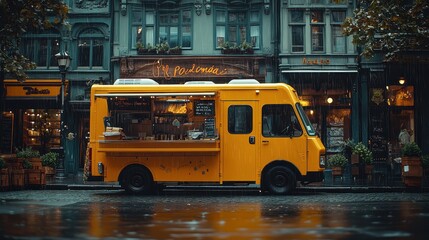 Obraz premium Yellow Food Truck Parked on a Rainy City Street with Historic Buildings in the Background