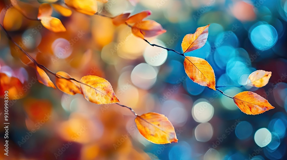 Poster Captivating autumn leaves with vibrant colors and a blurred bokeh background, creating a warm and inviting atmosphere.