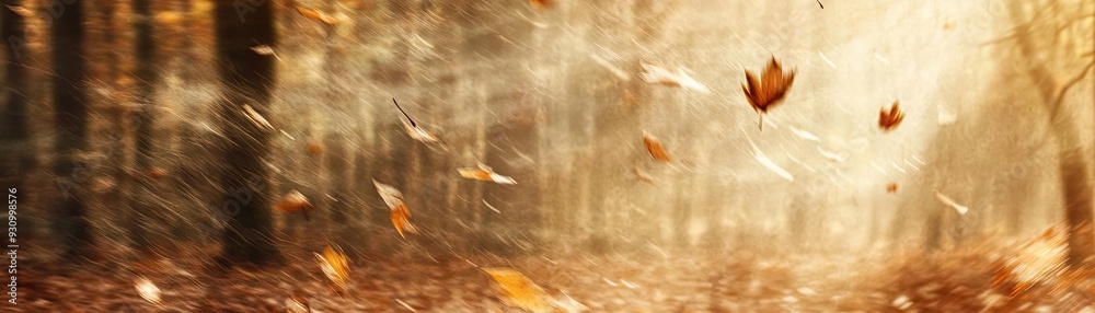 Poster a serene autumn scene with falling leaves and warm sunlight filtering through a tranquil forest, cap
