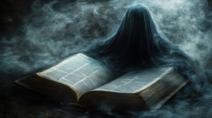 Mysterious Book in Smoke with Foggy Silhouette