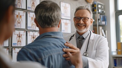 Fototapeta premium A smiling doctor in a white coat with a stethoscope around his neck is talking to a patient in his office