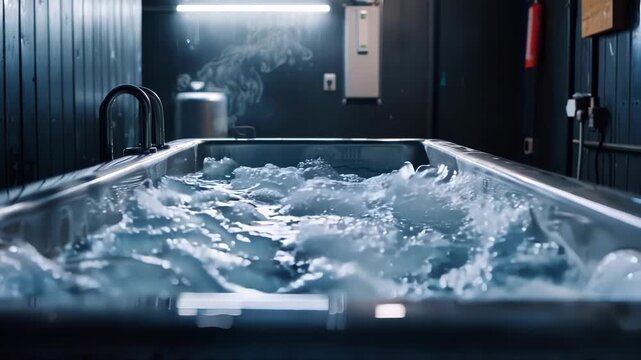 Ice water plunging in a professional treatment center tub, providing an invigorating experience for muscle recovery and overall wellness