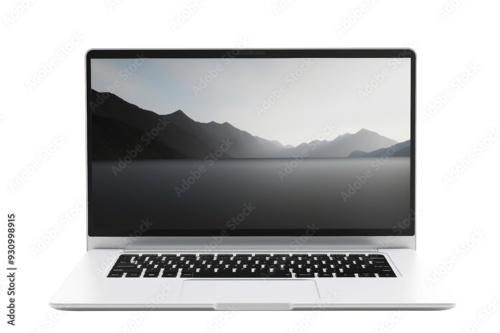 Poster front view of laptop with clear screens, isolated on white background