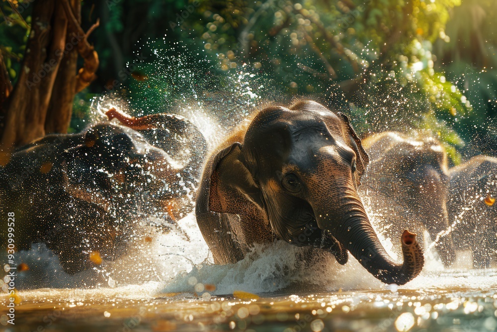 Aufkleber A group of elephants joyfully splashes through a river, creating a vibrant display of water droplets amid the greenery surrounding them. Generative AI