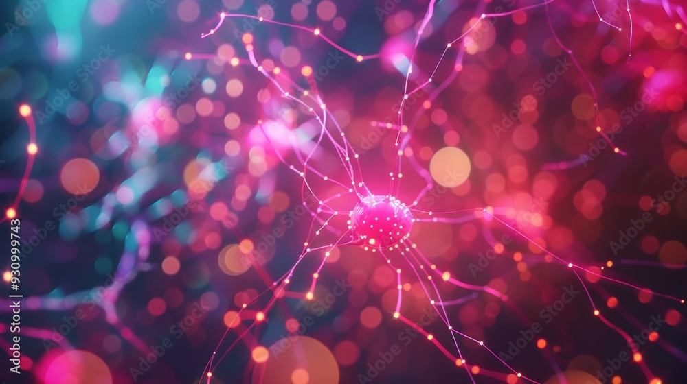 Poster Abstract 3D animation of glowing neural network with vibrant colors, floating nodes and connections