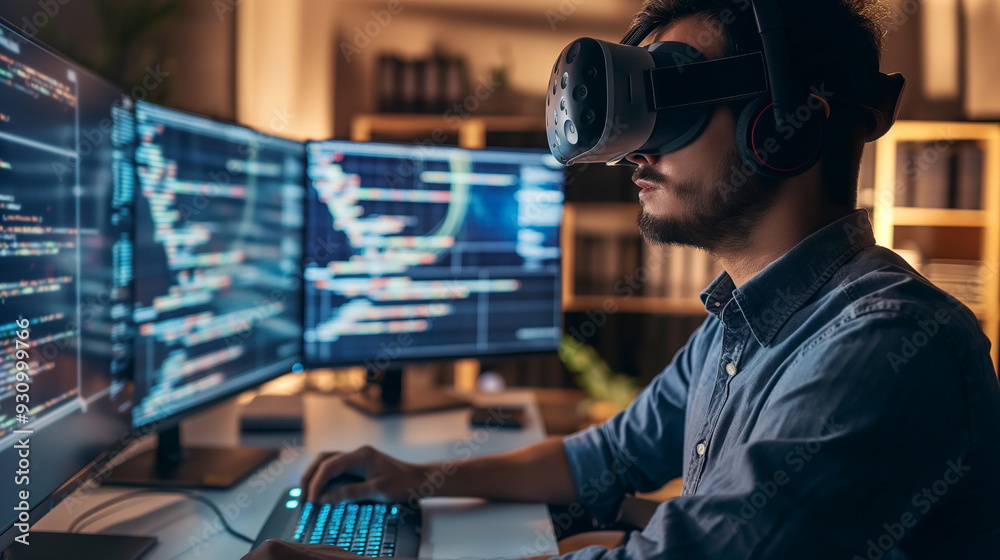 Poster a software engineer wearing vr headset using ai artificial intelligence technology working on softwa