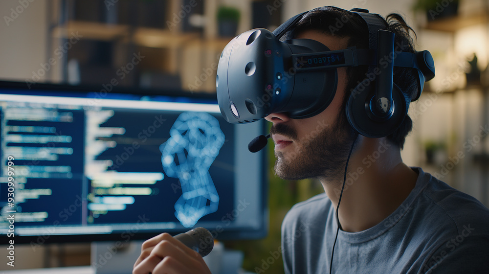 Poster a software engineer wearing vr headset using ai artificial intelligence technology working on softwa