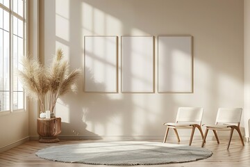 Pastel Tones Wall Art Mockup: Super Realistic Frames Displayed on Wall, Ideal for Home Decor Inspiration, High-Quality Visuals.